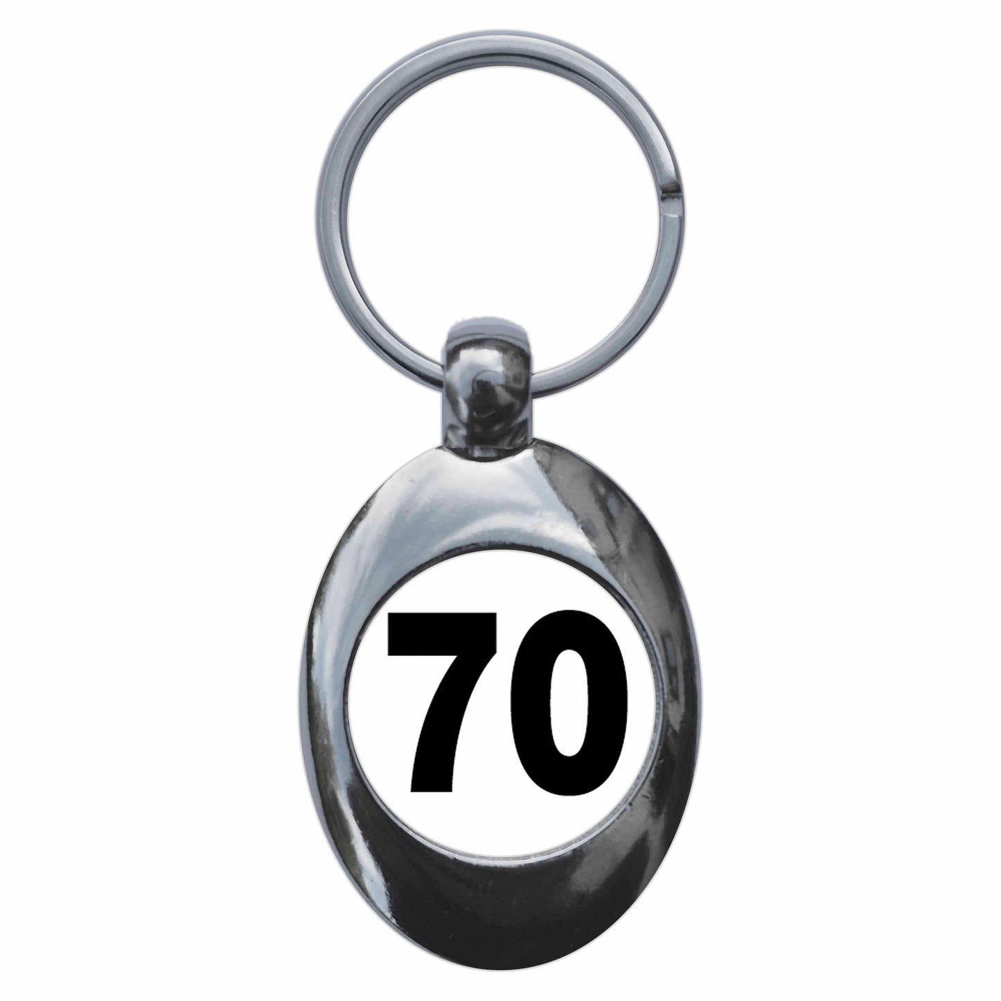 A picture of the front of the product, titled Plain Number 70 Seventy Metal Keyring With Trolley Coin