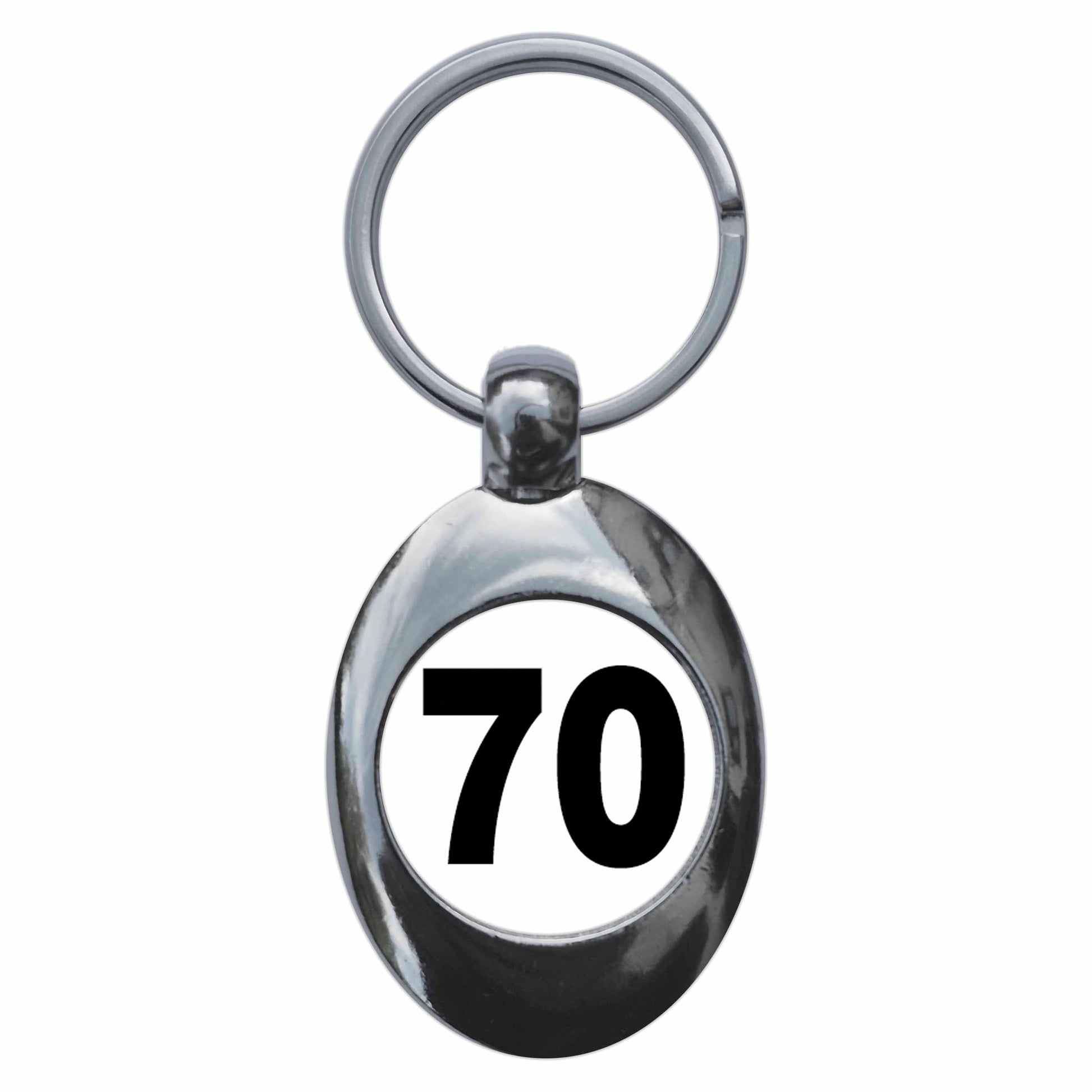 A picture of the front of the product, titled Plain Number 70 Seventy Metal Keyring With Trolley Coin