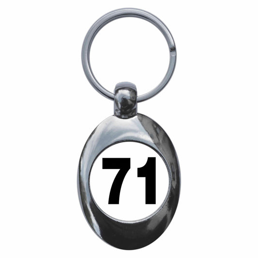 A picture of the front of the product, titled Plain Number 71 Seventy One Metal Keyring With Trolley Coin