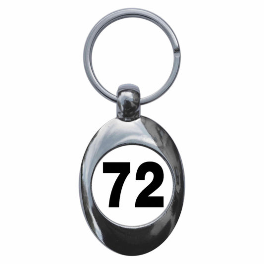 A picture of the front of the product, titled Plain Number 72 Seventy Two Metal Keyring With Trolley Coin