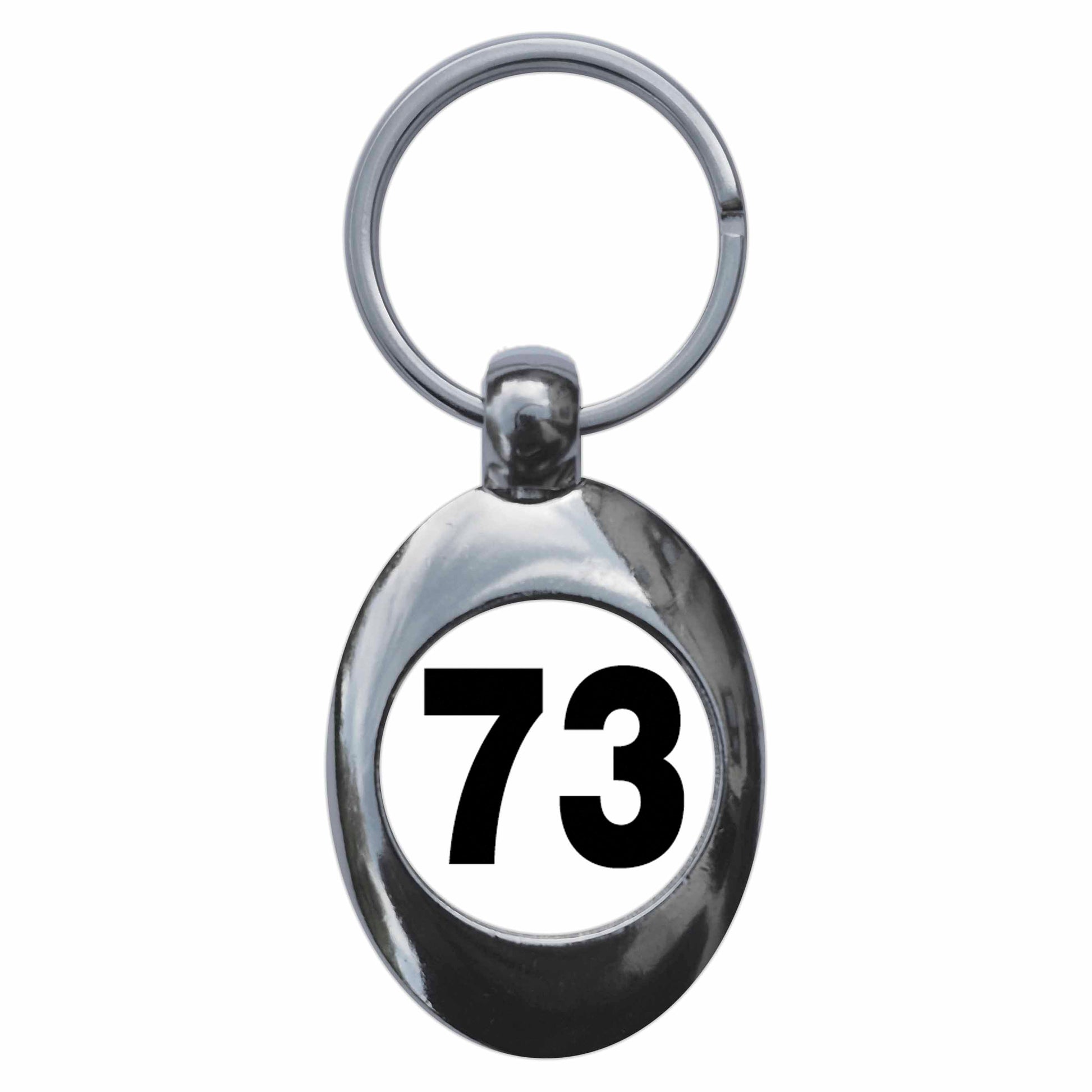 A picture of the front of the product, titled Plain Number 73 Seventy Three Metal Keyring With Trolley Coin