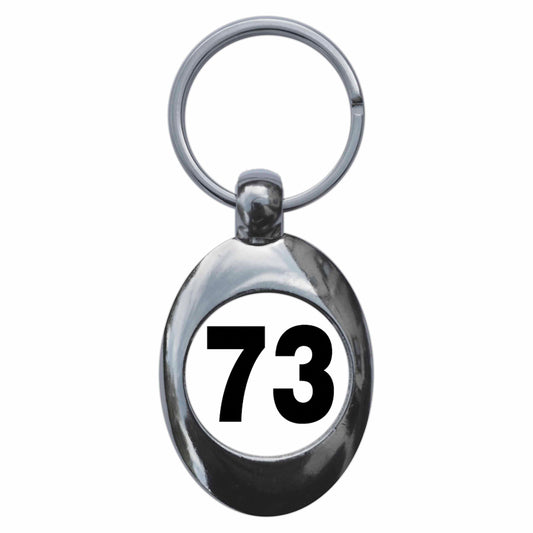 A picture of the front of the product, titled Plain Number 73 Seventy Three Metal Keyring With Trolley Coin