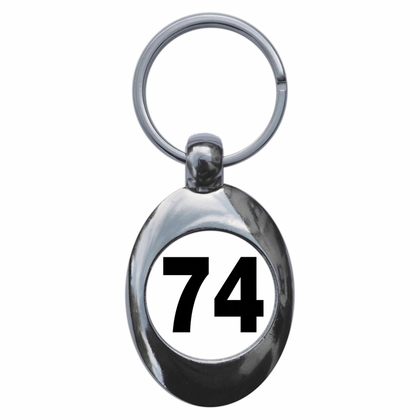 A picture of the front of the product, titled Plain Number 74 Seventy Four Metal Keyring With Trolley Coin