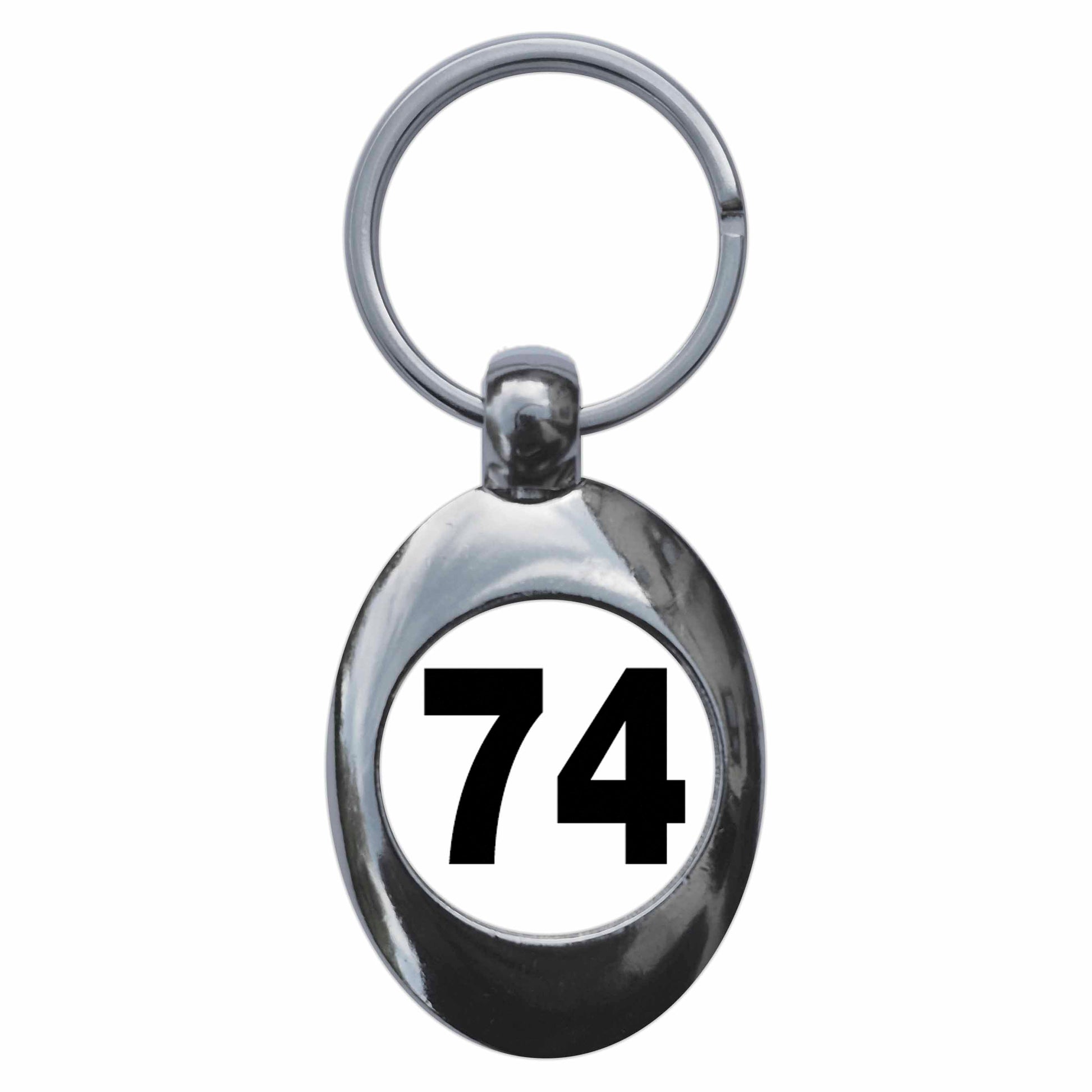 A picture of the front of the product, titled Plain Number 74 Seventy Four Metal Keyring With Trolley Coin