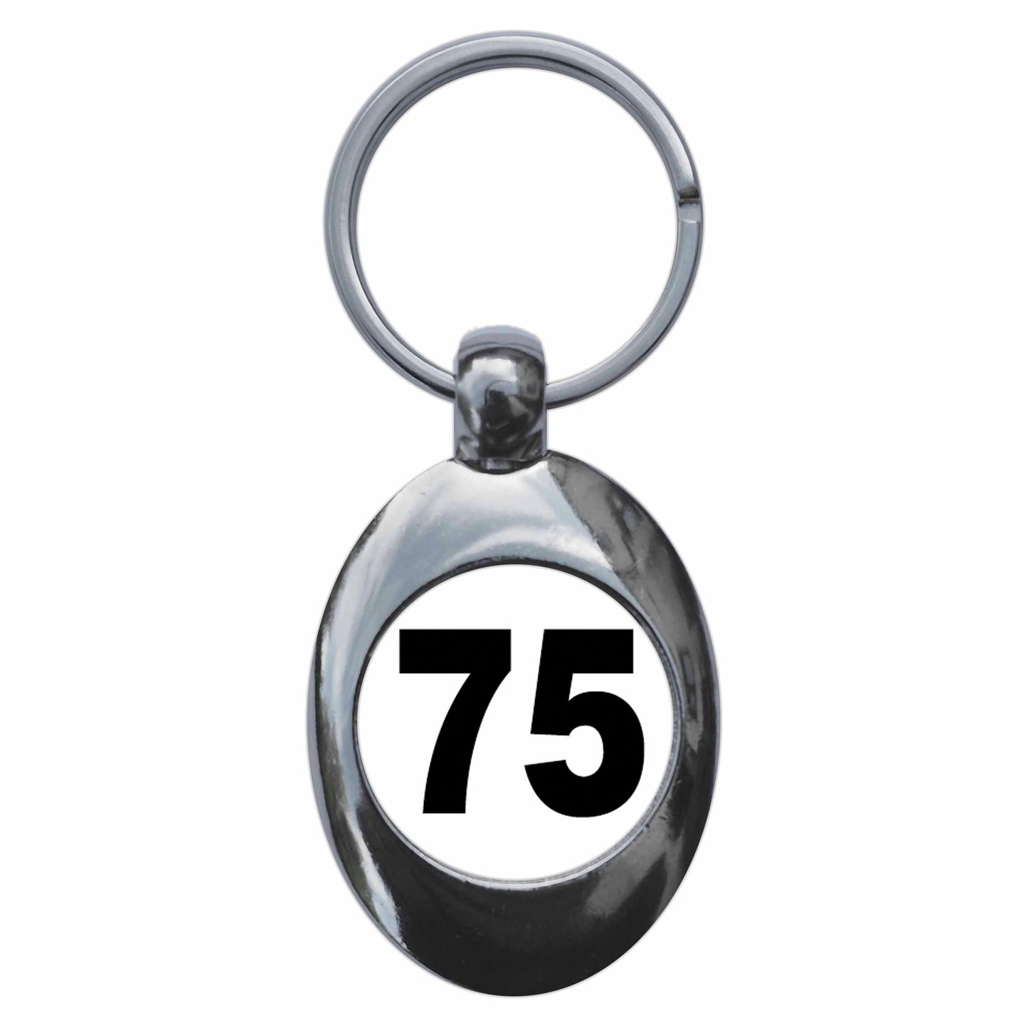 A picture of the front of the product, titled Plain Number 75 Seventy Five Metal Keyring With Trolley Coin