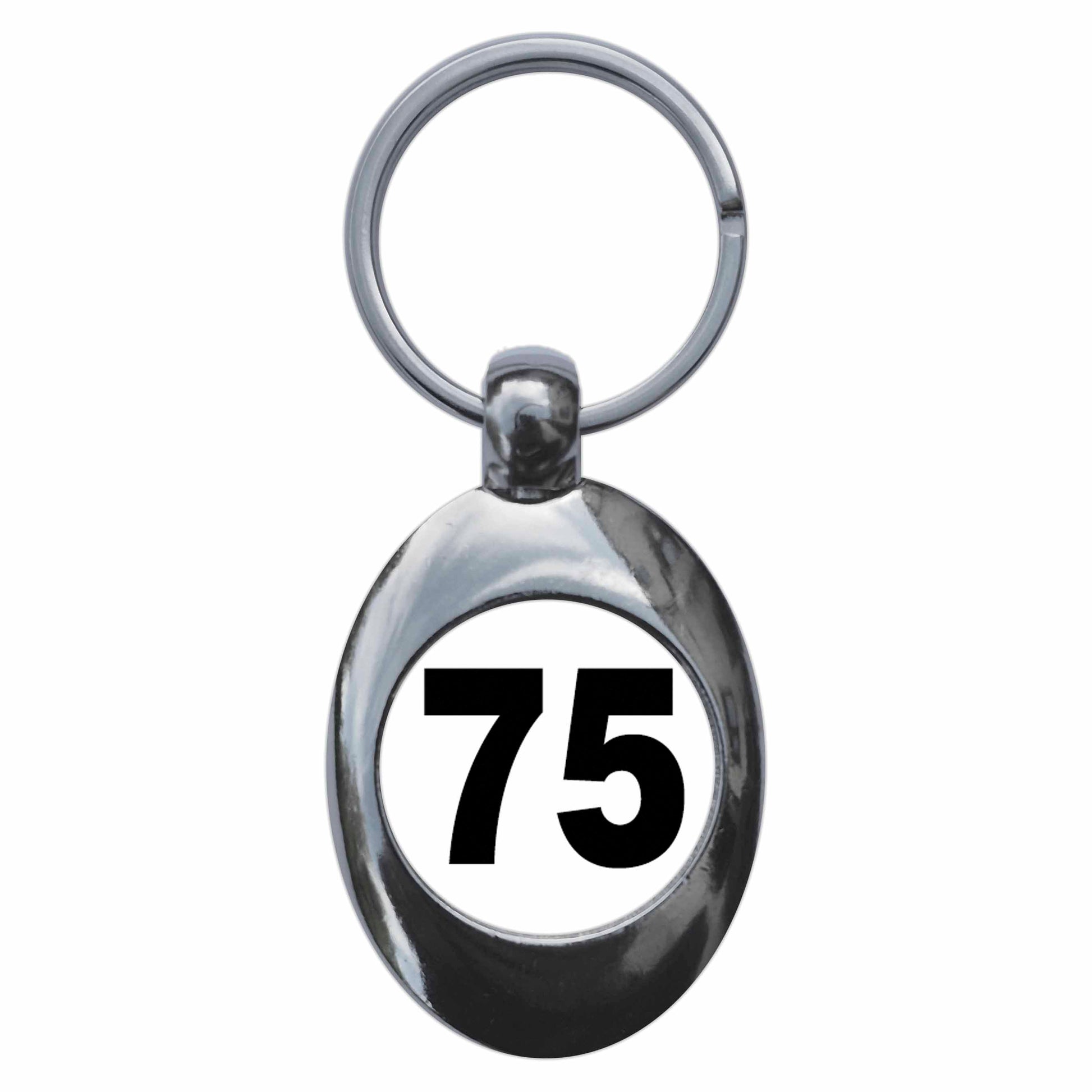 A picture of the front of the product, titled Plain Number 75 Seventy Five Metal Keyring With Trolley Coin