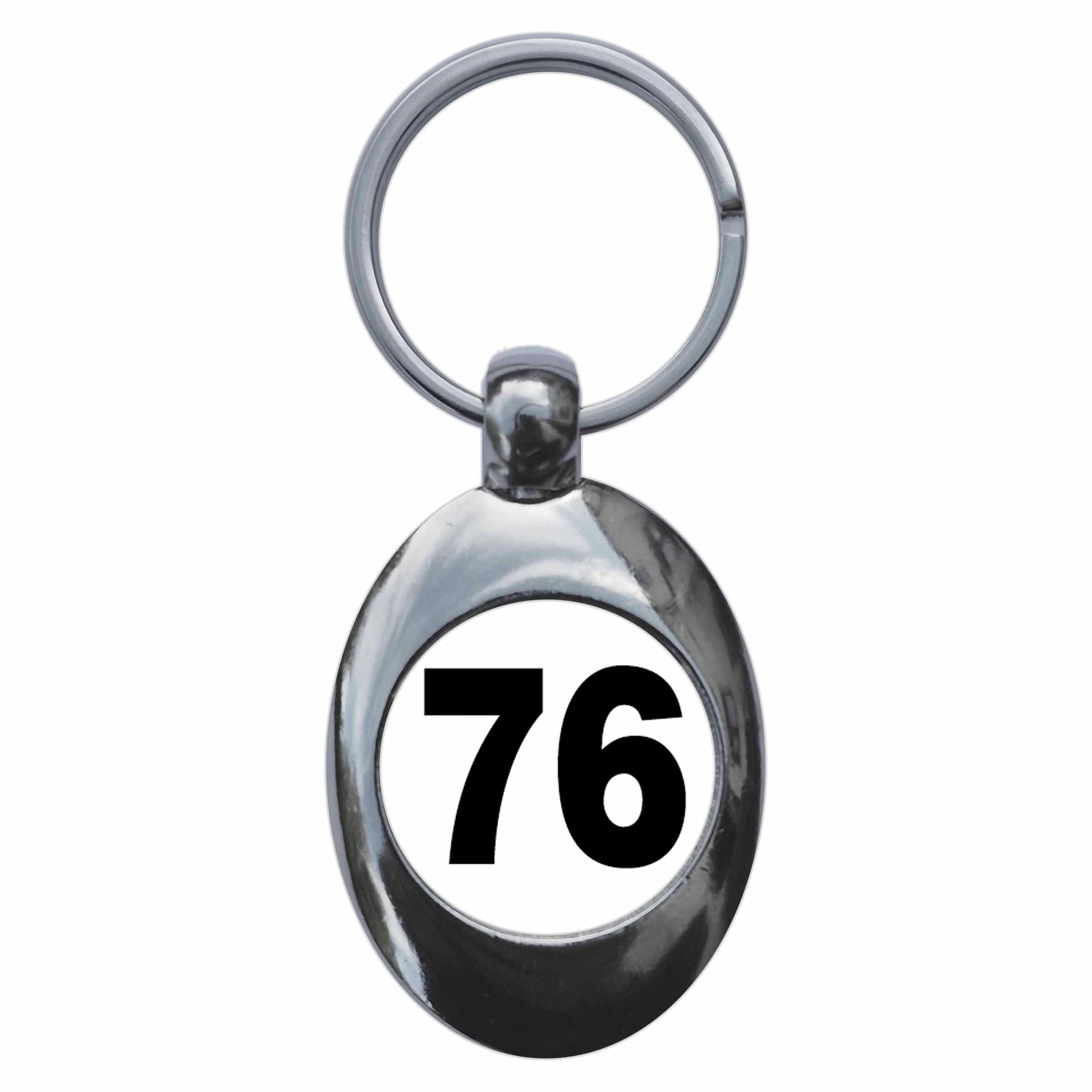 A picture of the front of the product, titled Plain Number 76 Seventy Six Metal Keyring With Trolley Coin