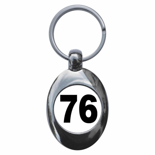 A picture of the front of the product, titled Plain Number 76 Seventy Six Metal Keyring With Trolley Coin