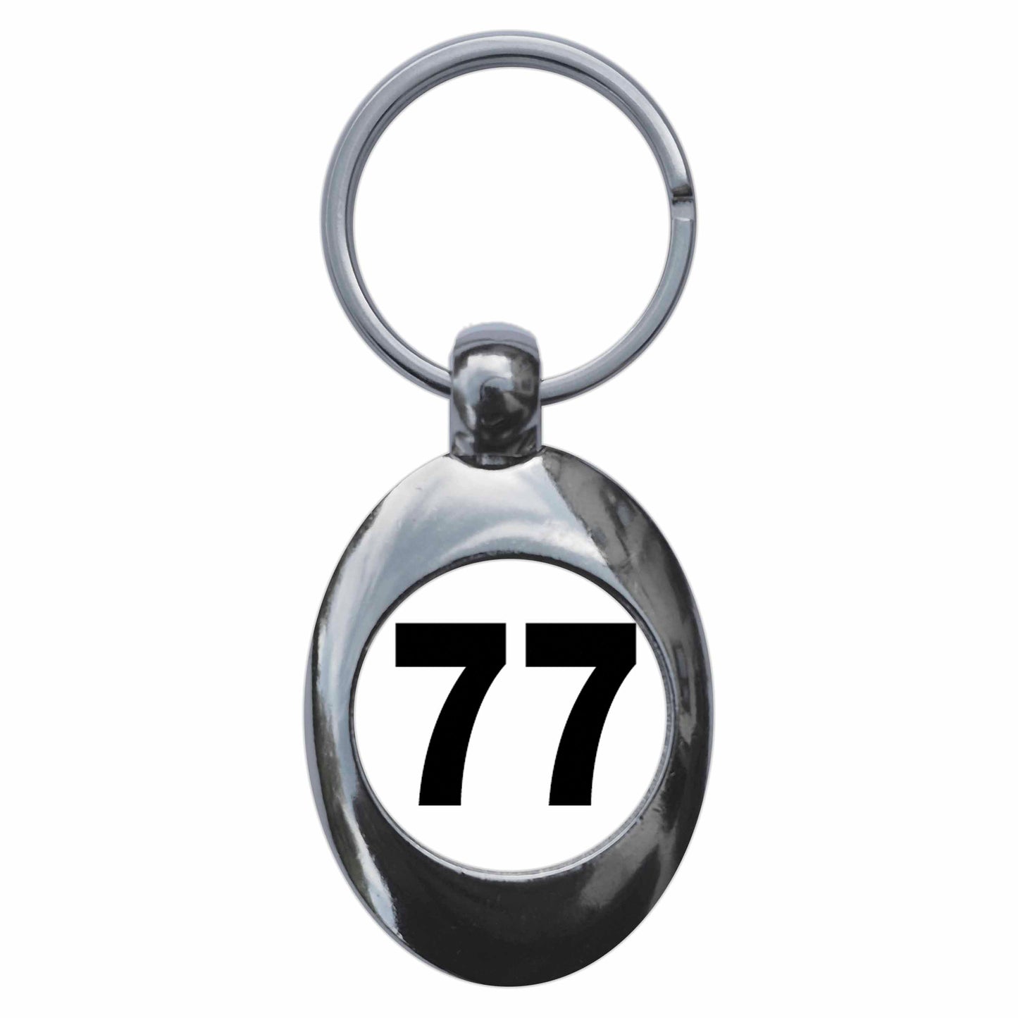 A picture of the front of the product, titled Plain Number 77 Seventy Seven Metal Keyring With Trolley Coin