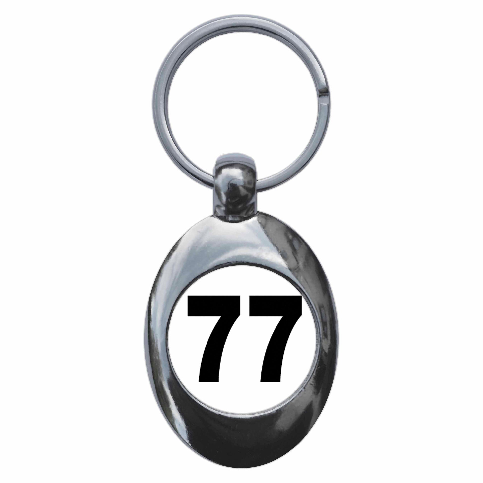 A picture of the front of the product, titled Plain Number 77 Seventy Seven Metal Keyring With Trolley Coin