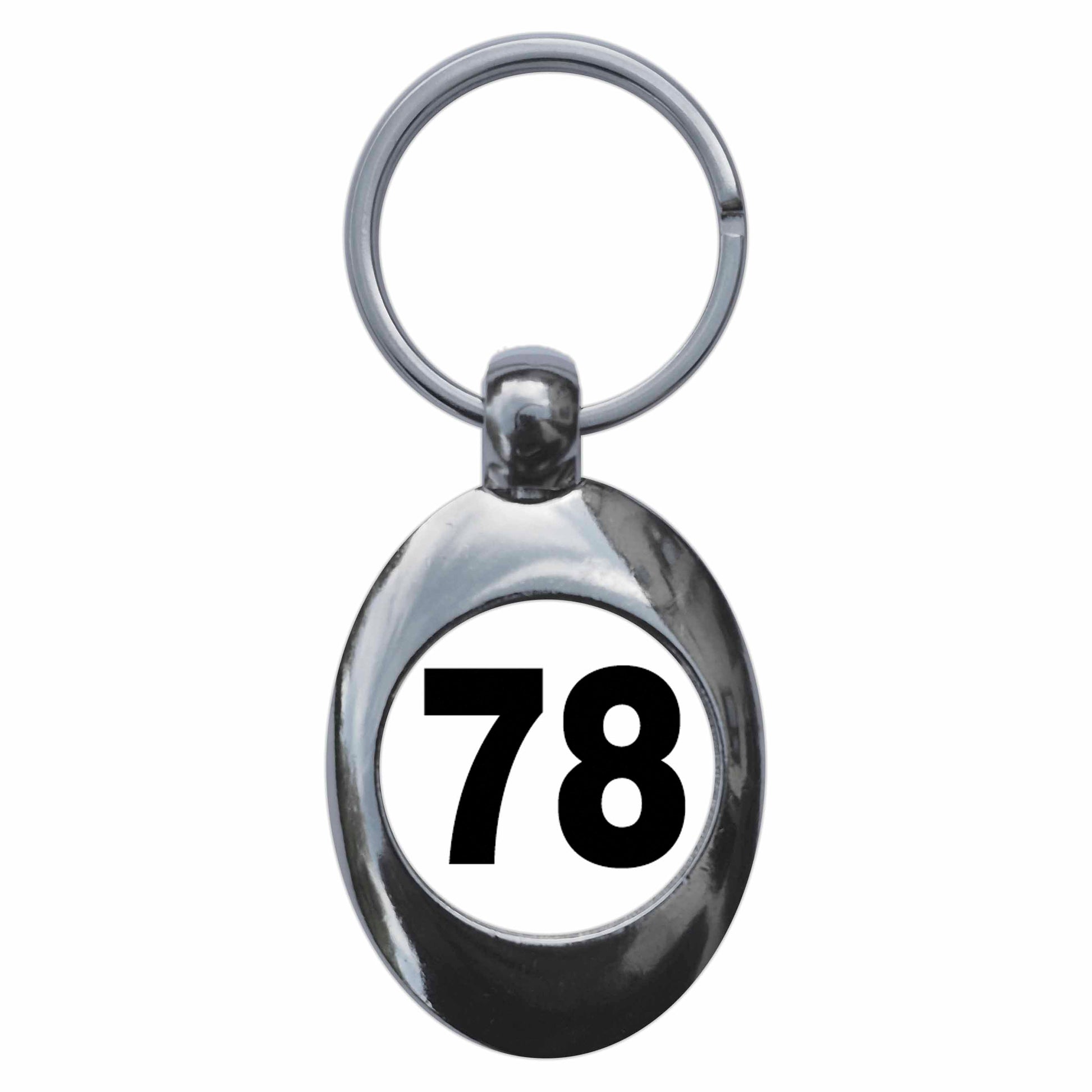 A picture of the front of the product, titled Plain Number 78 Seventy Eight Metal Keyring With Trolley Coin