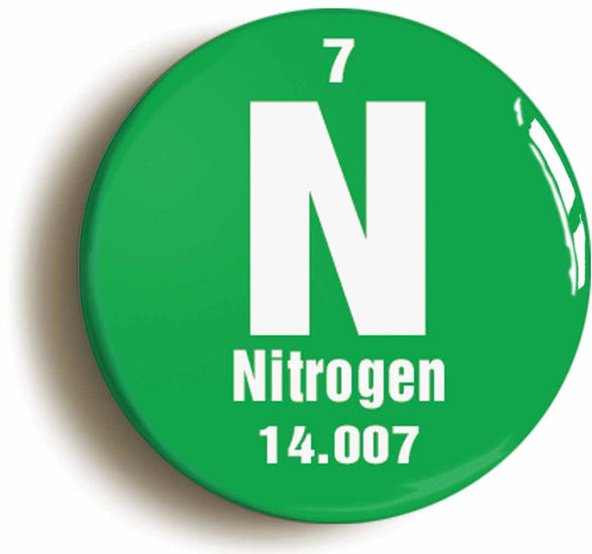 A picture of the front of the product, titled Nitrogen Element Symbol Button Pin Badge