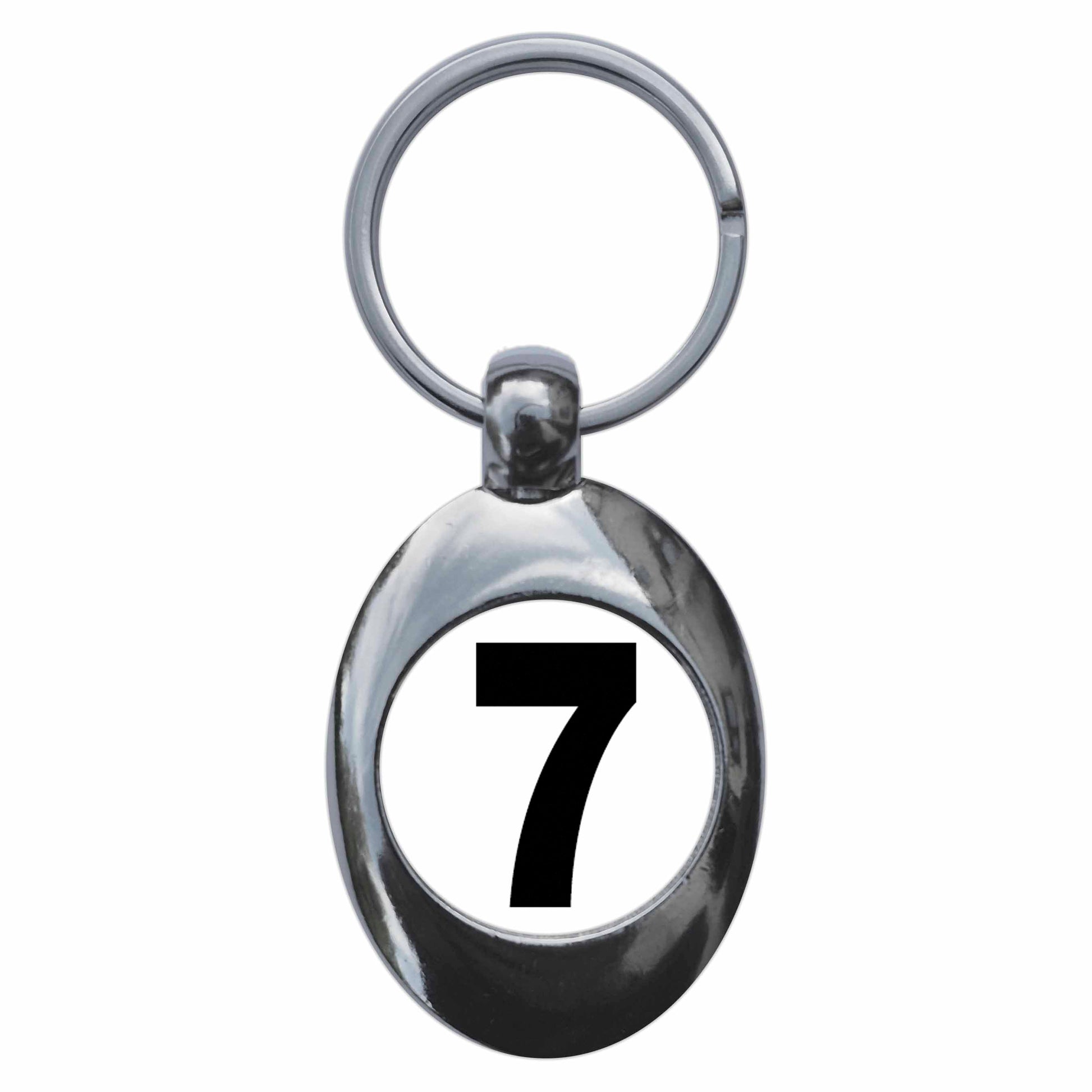 A picture of the front of the product, titled Plain Number 7 Seven Metal Keyring With Trolley Coin
