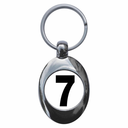 A picture of the front of the product, titled Plain Number 7 Seven Metal Keyring With Trolley Coin