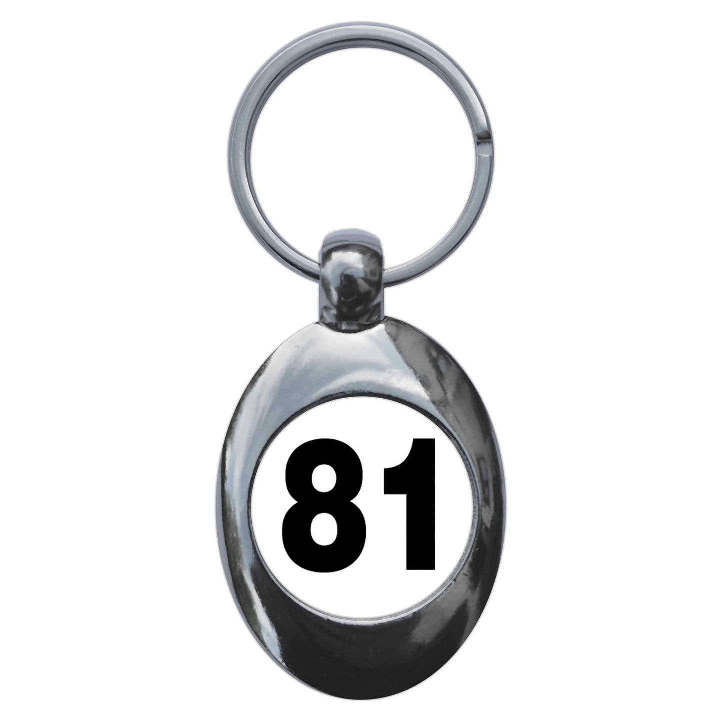 A picture of the front of the product, titled Plain Number 81 Eighty One Metal Keyring With Trolley Coin
