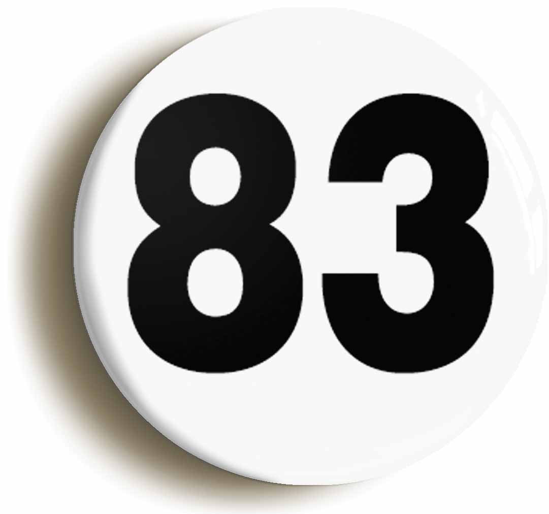A picture of the front of the product, titled Plain Number 83 Eighty Three Button Pin Badge