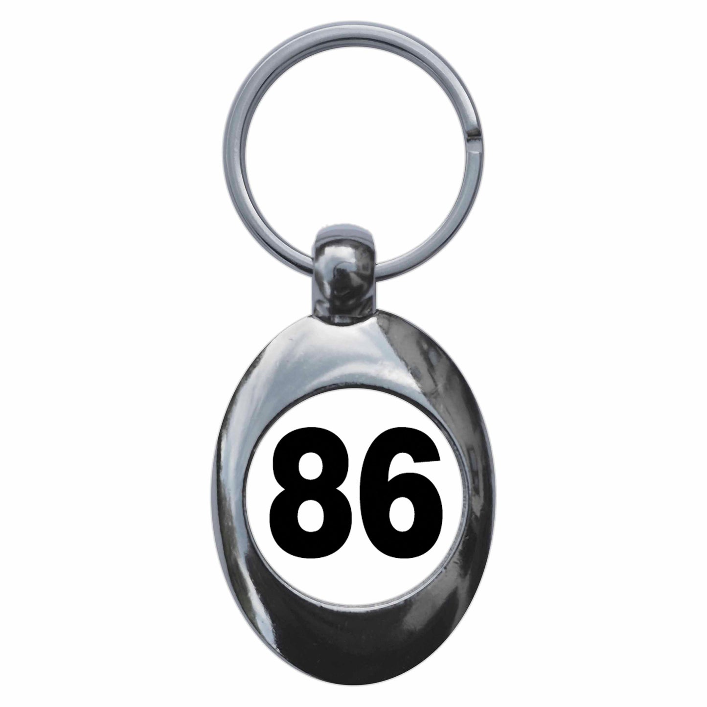 A picture of the front of the product, titled Plain Number 86 Eighty Six Metal Keyring With Trolley Coin