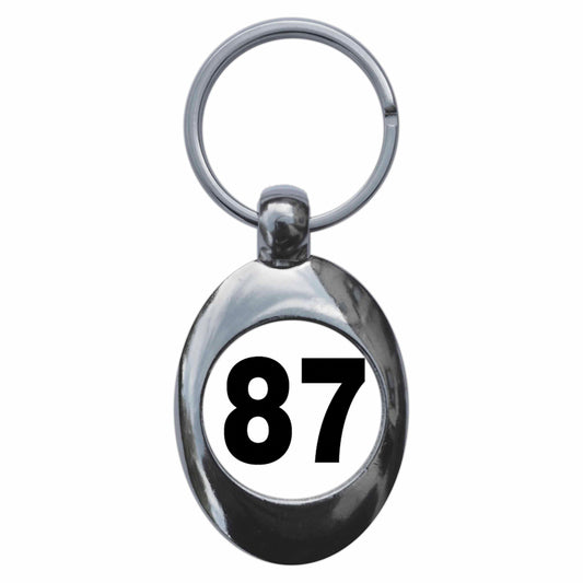 A picture of the front of the product, titled Plain Number 87 Eighty Seven Metal Keyring With Trolley Coin