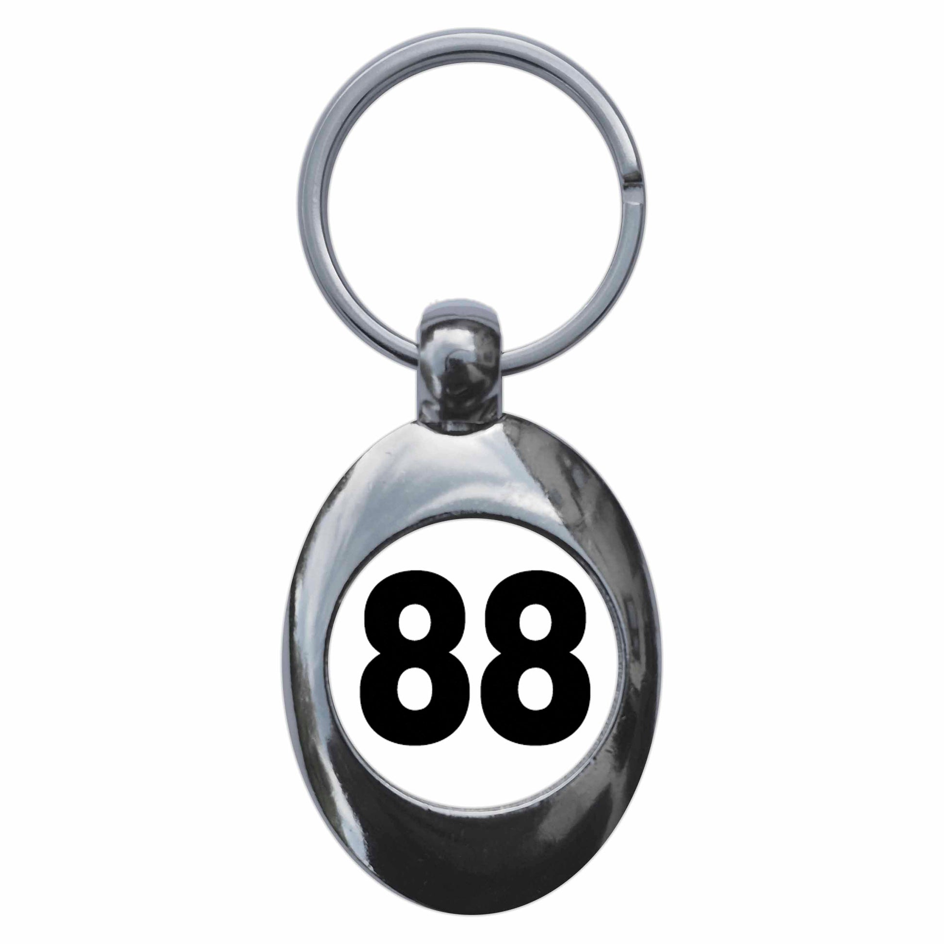 A picture of the front of the product, titled Plain Number 88 Eighty Eight Metal Keyring With Trolley Coin