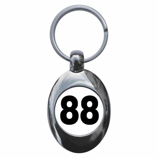 A picture of the front of the product, titled Plain Number 88 Eighty Eight Metal Keyring With Trolley Coin