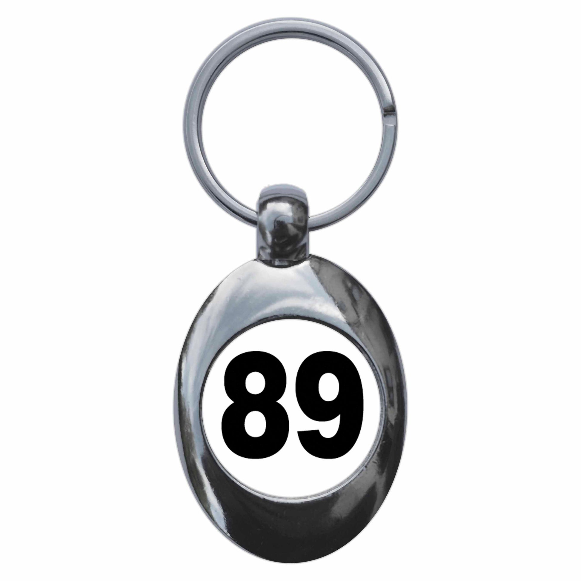 A picture of the front of the product, titled Plain Number 89 Eighty Nine Metal Keyring With Trolley Coin