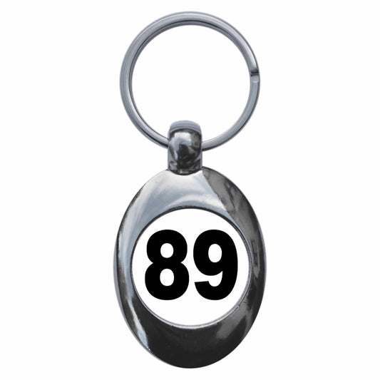 A picture of the front of the product, titled Plain Number 89 Eighty Nine Metal Keyring With Trolley Coin
