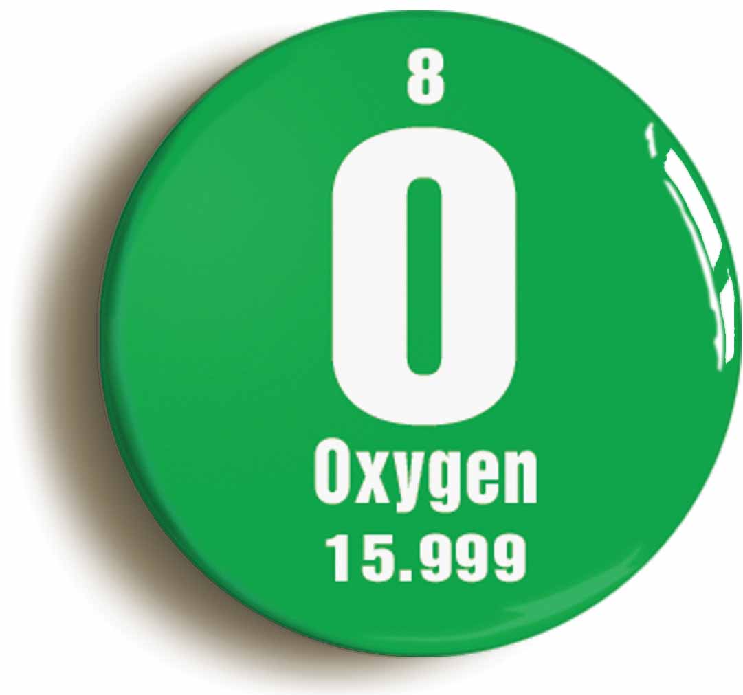 A picture of the front of the product, titled Oxygen Element Symbol Button Pin Badge