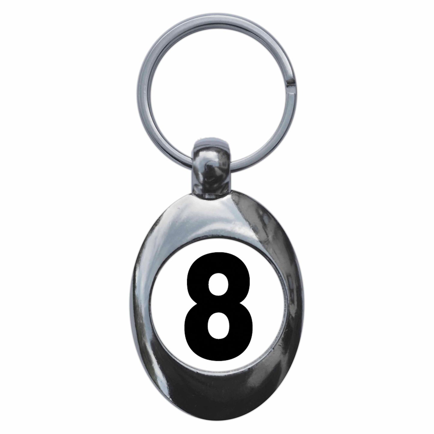 A picture of the front of the product, titled Plain Number 8 Eight Metal Keyring With Trolley Coin