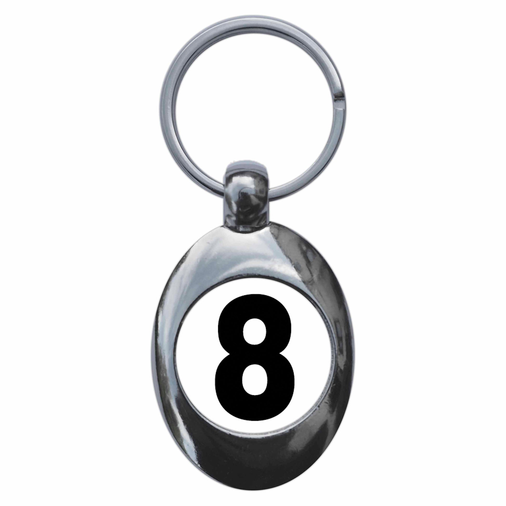 A picture of the front of the product, titled Plain Number 8 Eight Metal Keyring With Trolley Coin