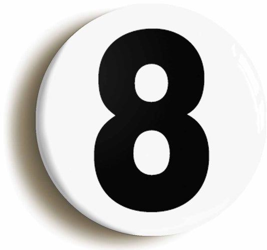 A picture of the front of the product, titled Plain Number 8 Eight Button Pin Badge