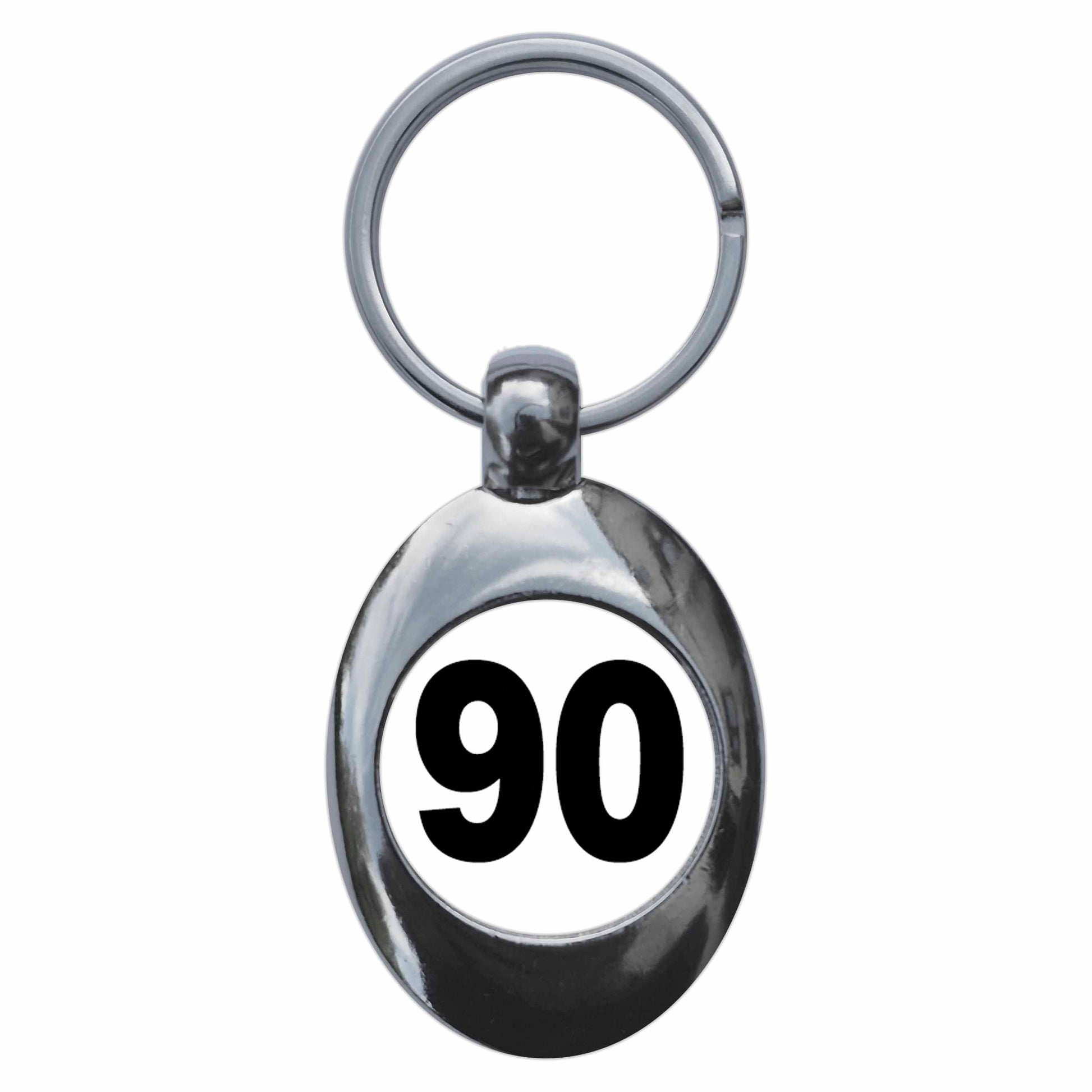 A picture of the front of the product, titled Plain Number 90 Ninety Metal Keyring With Trolley Coin
