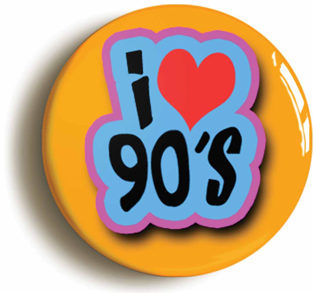A picture of the front of the product, titled I Heart Love 90's Retro Nineties Button Pin Badge