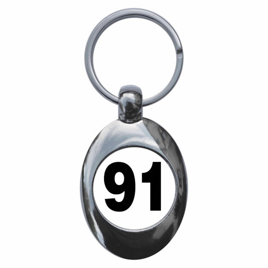 A picture of the front of the product, titled Plain Number 91 Ninety One Metal Keyring With Trolley Coin