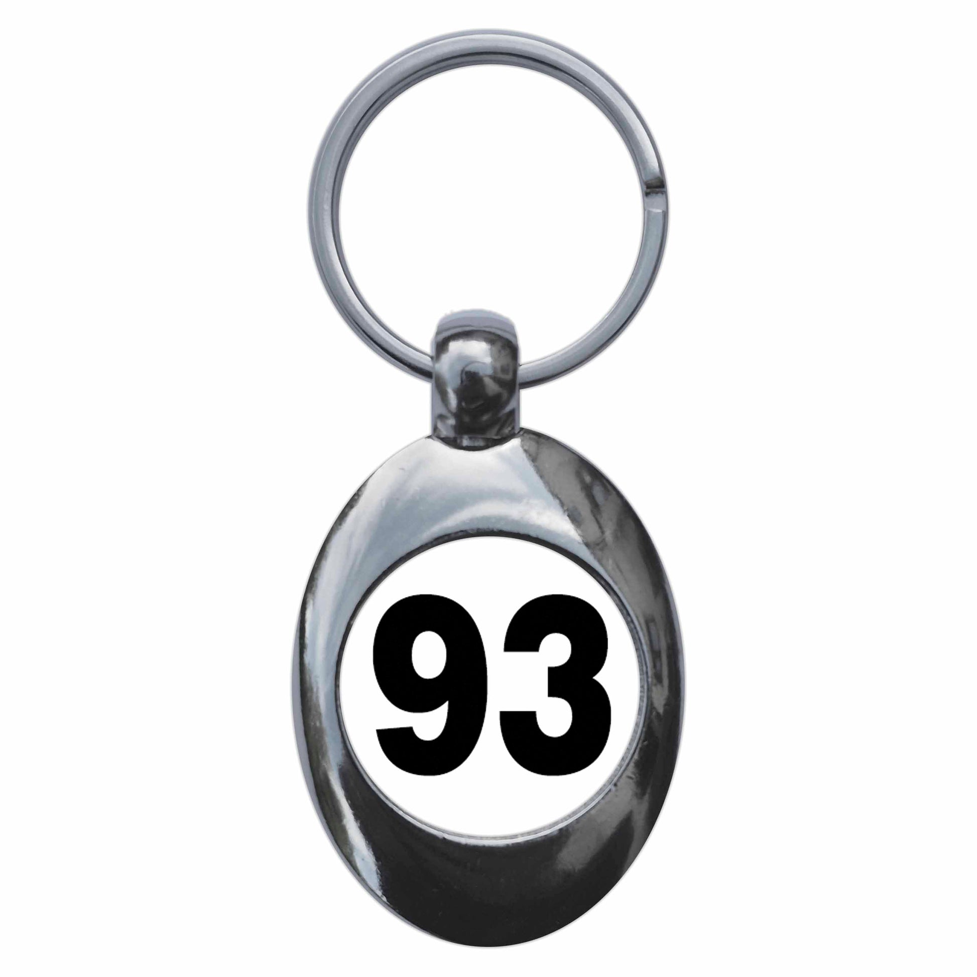 A picture of the front of the product, titled Plain Number 93 Ninety Three Metal Keyring With Trolley Coin