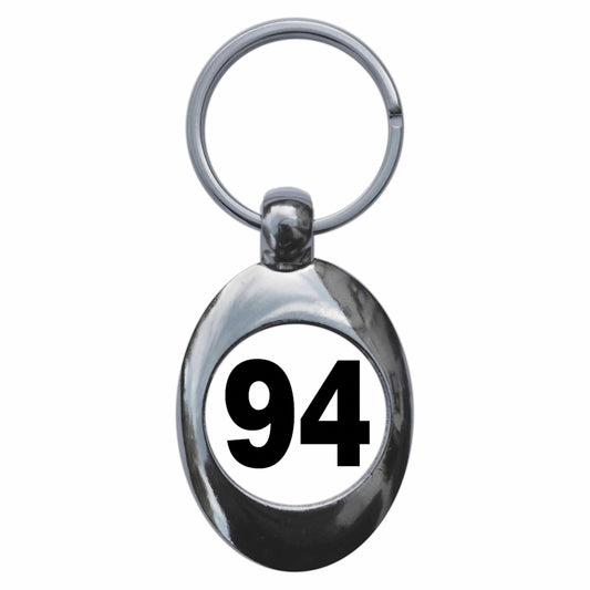 A picture of the front of the product, titled Plain Number 94 Ninety Four Metal Keyring With Trolley Coin