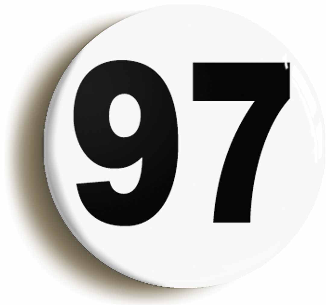 A picture of the front of the product, titled Plain Number 97 Ninety Seven Button Pin Badge