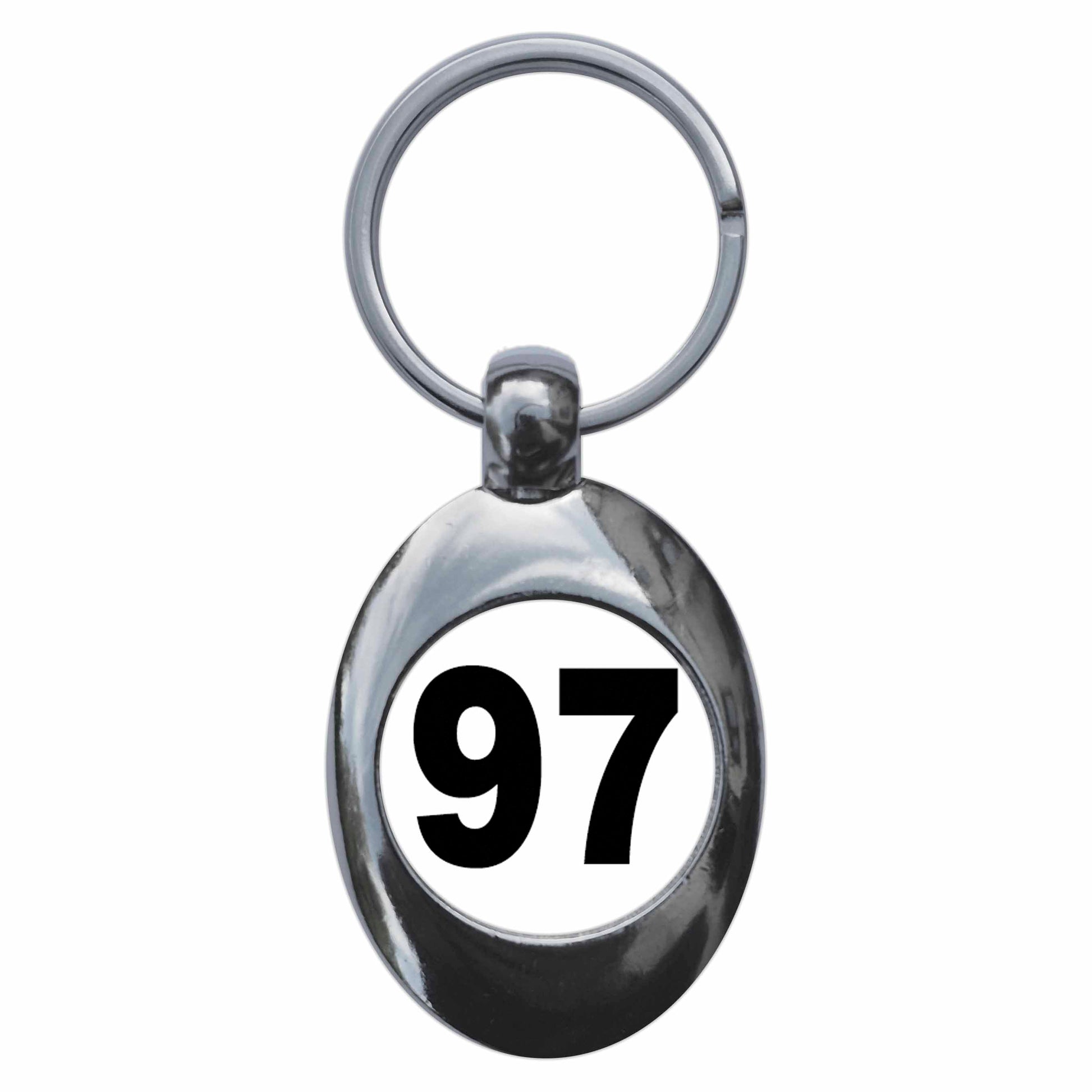 A picture of the front of the product, titled Plain Number 97 Ninety Seven Metal Keyring With Trolley Coin