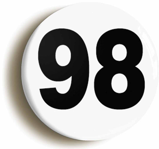 A picture of the front of the product, titled Plain Number 98 Ninety Eight Button Pin Badge