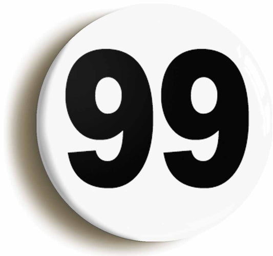A picture of the front of the product, titled Plain Number 99 Ninety Nine Button Pin Badge