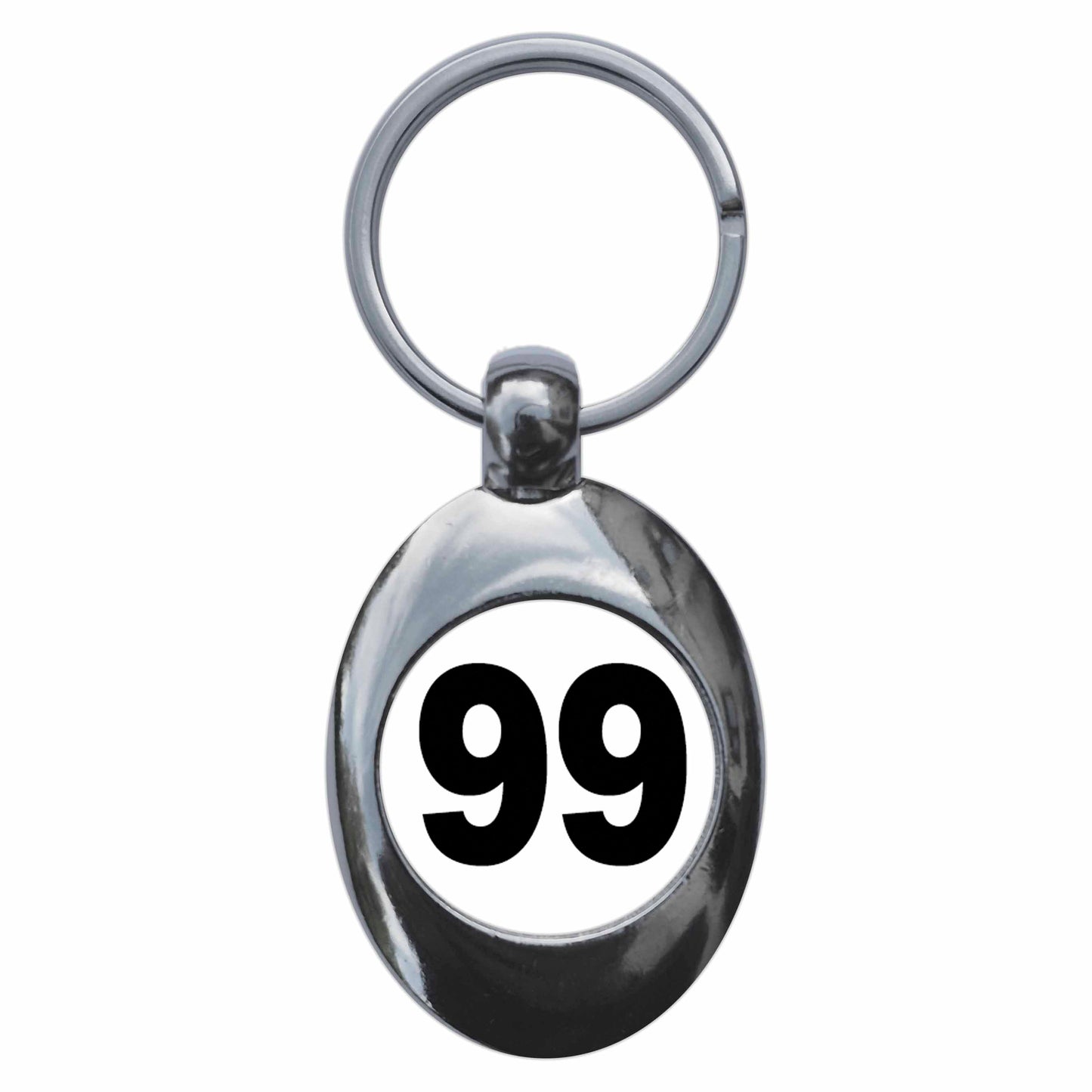 A picture of the front of the product, titled Plain Number 99 Ninety Nine Metal Keyring With Trolley Coin