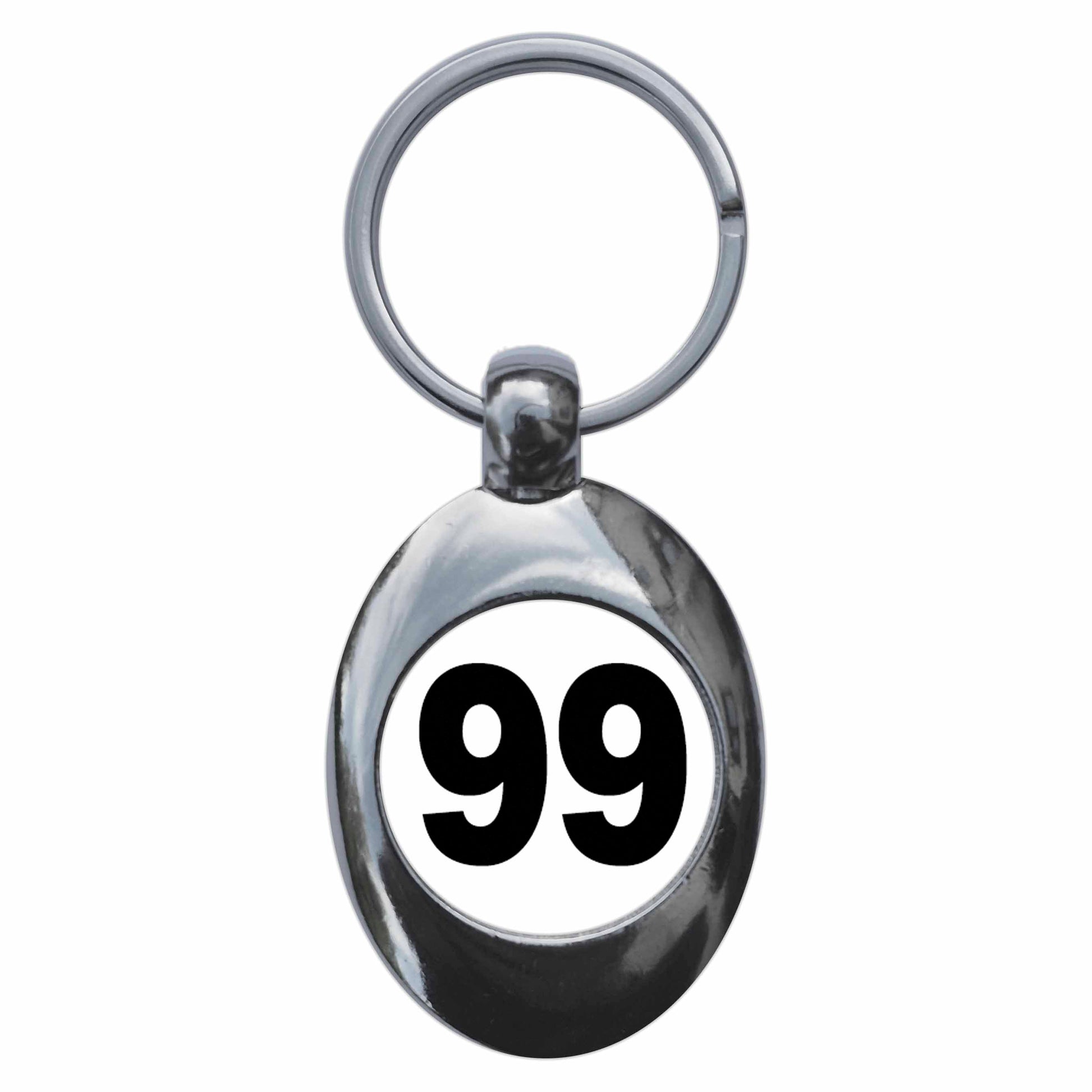 A picture of the front of the product, titled Plain Number 99 Ninety Nine Metal Keyring With Trolley Coin