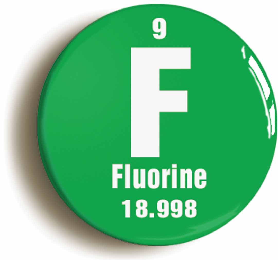 A picture of the front of the product, titled Fluorine Element Symbol Button Pin Badge