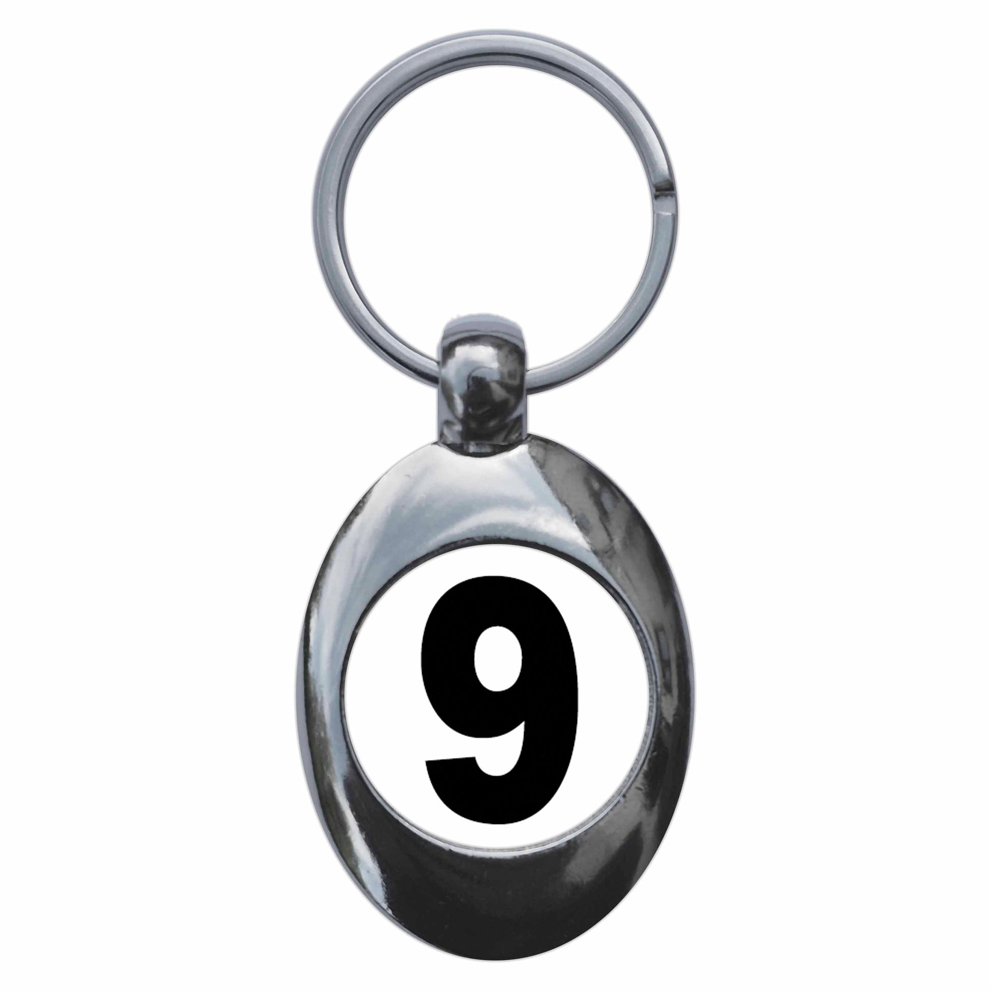 A picture of the front of the product, titled Plain Number 9 Nine Metal Keyring With Trolley Coin