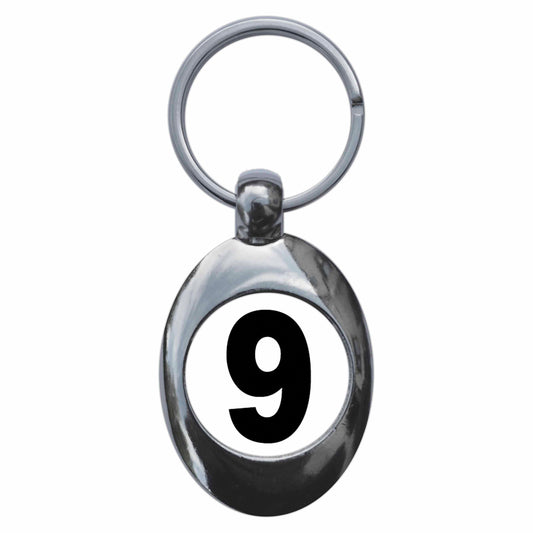 A picture of the front of the product, titled Plain Number 9 Nine Metal Keyring With Trolley Coin