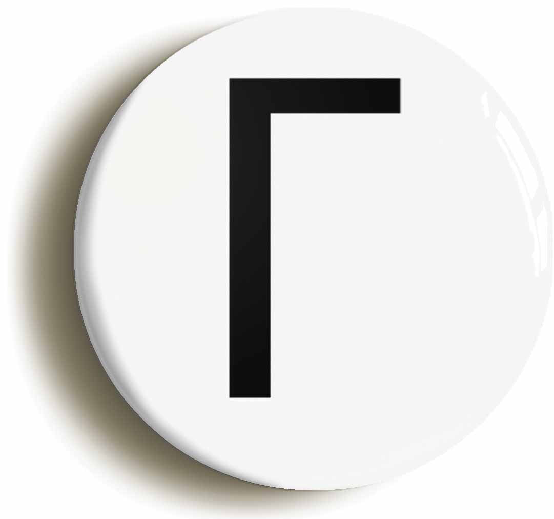 A picture of the front of the product, titled Gamma Upper Case Greek Letter Button Pin Badge
