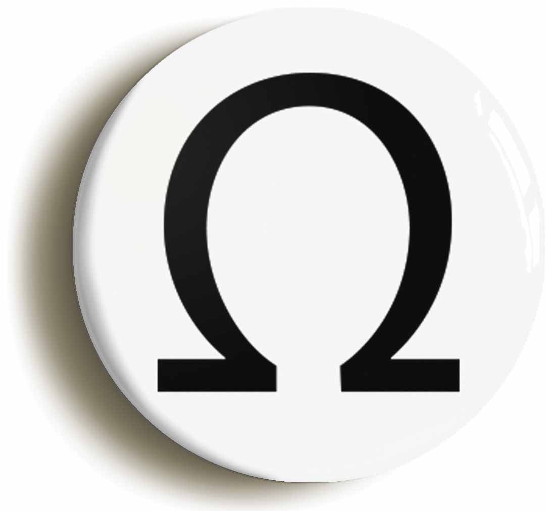 A picture of the front of the product, titled Omega Upper Case Greek Letter Button Pin Badge