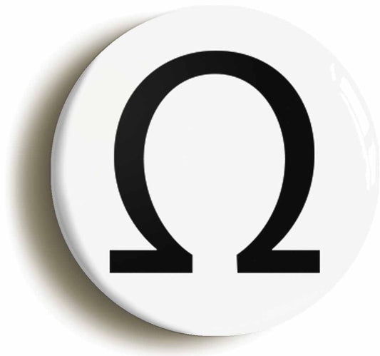 A picture of the front of the product, titled Omega Upper Case Greek Letter Button Pin Badge