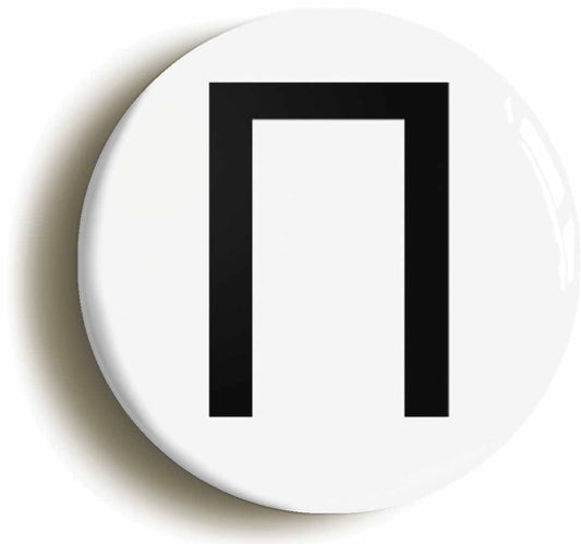 A picture of the front of the product, titled Pi Upper Case Greek Letter Button Pin Badge
