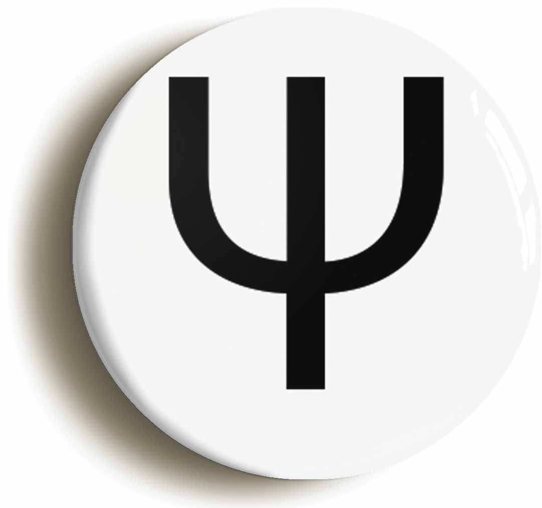 A picture of the front of the product, titled Psi Upper Case Greek Letter Button Pin Badge