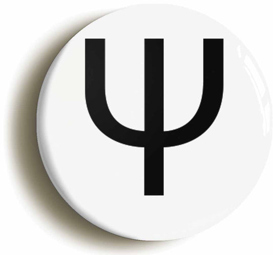 A picture of the front of the product, titled Psi Upper Case Greek Letter Button Pin Badge